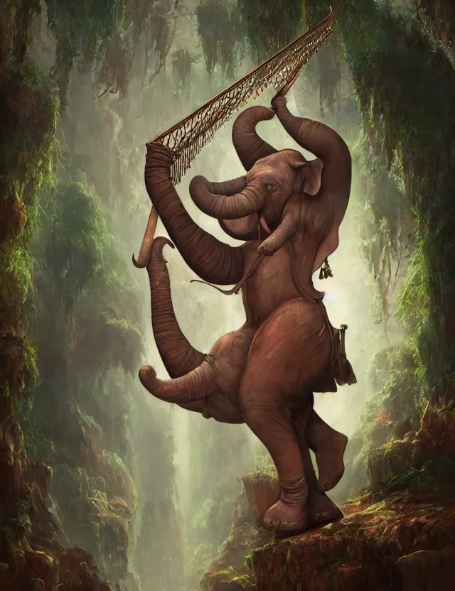 Image similar to full body, abstract painting in lush fantasy environment of a humanoid elephant with makeup on all his body and dressed like a bard, he is holding a harp, face in focus, epic, trending on artstation, masterpiece, cinematic lighting, by ross tran and by greg rutkowski