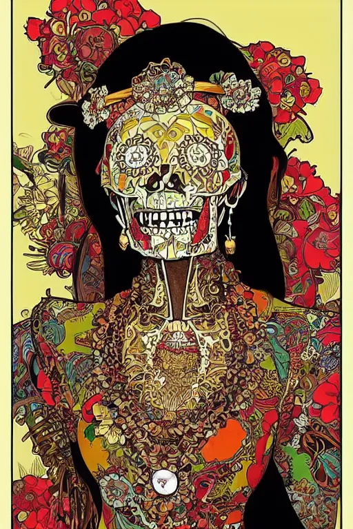 Image similar to indonesia traditional dress, skull portrait girl female skeleton illustration detailed patterns art pop art, splash painting, art by geof darrow, ashley wood, alphonse mucha, makoto shinkai