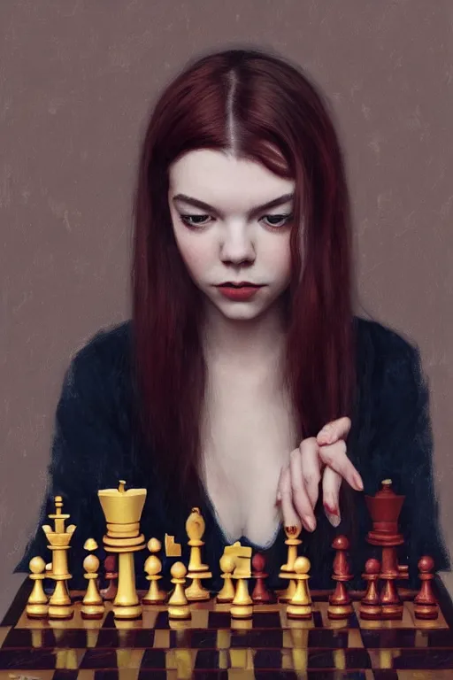 Prompt: a ultra detailed beautiful panting of anya taylor - joy, queens gambit, red hair, bangs, she is holding a chess piece in her hand, high angle shot, the background has an abstract chessboard pattern, oil painting, by ilya kuvshinov, greg rutkowski and makoto shinkai