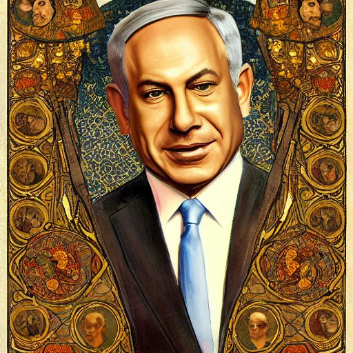 Image similar to a portrait of benjamin netanyahu by alphones mucha