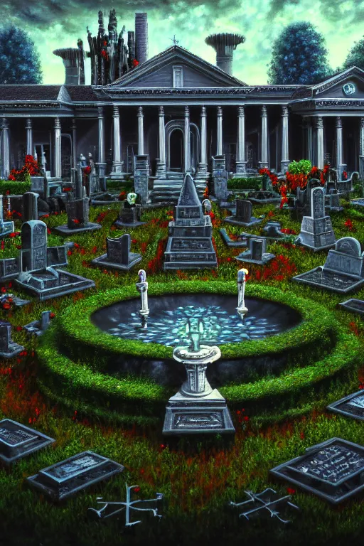 Prompt: a highly detailed painting of a haunted mansion with gardens and fountains surrounded by a cemetery, 1 9 8 0 s science fiction, 1 9 7 0 s science fiction, alien 1 9 7 9, cyberpunk, 3 d oil painting, depth perception, 4 k, artstation