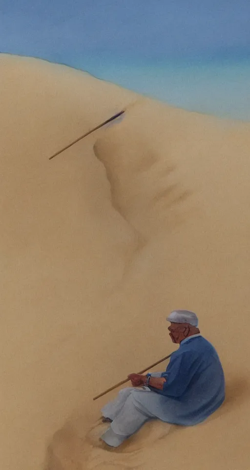 Image similar to water painting of an old man with a cane exploring a sandy dune, 4 k, detailed, surrealcore