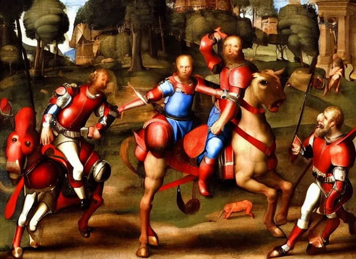 Prompt: a renaissance painting of a war between knights in red armor riding horses and drow warriors riding giant spiders, by raphael, great masterpiece, award winning historic painting, dynamic composition