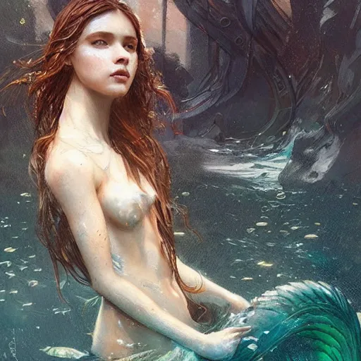 Prompt: beautiful girl turning into a mermaid, intricate, art by greg rutkowski, high detailed, 4 k,
