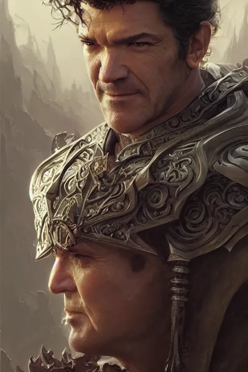 Image similar to portrait of antonio banderas as holy paladin, fantasy, d&d, intricate, highly detailed, smooth, artstation, digital illustration by Ruan Jia and Mandy Jurgens and Artgerm and Wayne Barlowe and Greg Rutkowski and Zdislav Beksinski