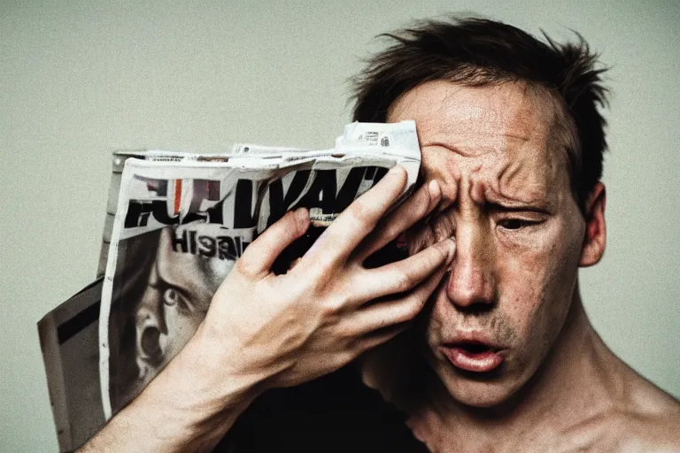 Image similar to realistic exposed expired fuji film portrait of a man being shocked by the contents in a magazine, hyperrealism, hypermaxiymalism, photorealistic, detailed, atmospheric, 8 k, award winning photography, cinematic