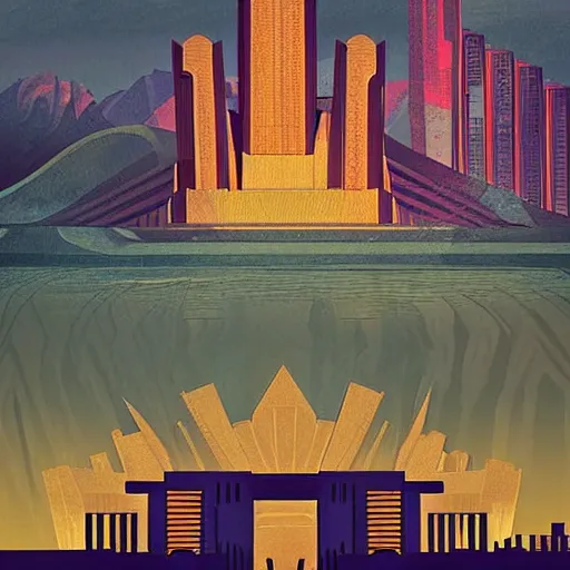 Prompt: an unlikely unrealistic city between two mountains, digital painting masterpiece, scary landscape, gorgeous art deco architecture, stylish, cinematic, film