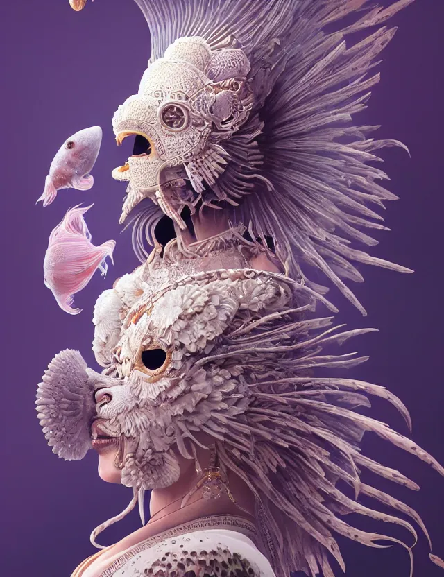 Image similar to 3 d goddess close - up 3 / 4 portrait with ram skull. beautiful intricately detailed japanese crow kitsune mask and clasical japanese kimono. betta fish, jellyfish phoenix, bio luminescent, plasma, ice, water, wind, creature, artwork by tooth wu and wlop and beeple and greg rutkowski