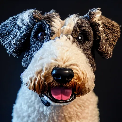 Image similar to a closeup photorealistic photograph of a cute smiling knitted bernedoodle judge dog dressed in a black gown, presiding over the courtroom. professional capture, well lit shot. this 4 k hd image is trending on artstation, featured on behance, well - rendered, extra crisp, features intricate detail, epic composition and the style of unreal engine.