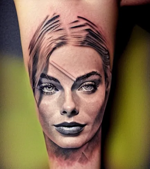 Image similar to mash up tattoo sketch of margot robbie in the shape of beautiful mountains, double exposure effect, in the style of arlo dicristina, hyper realism, amazing detail, sharp