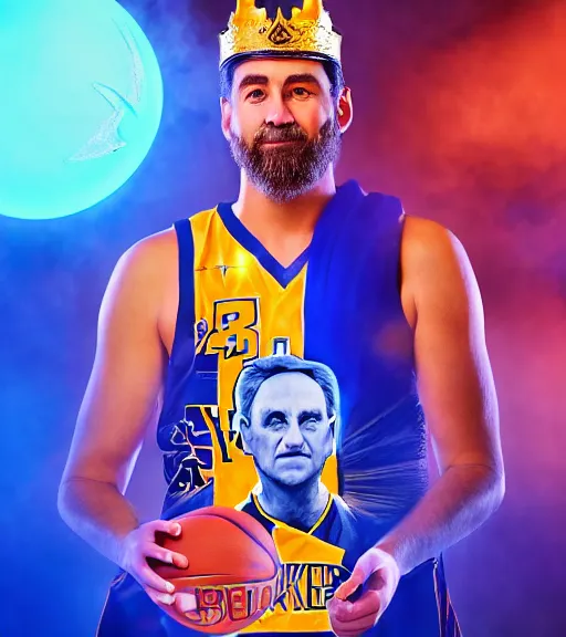 Prompt: portrait photography of mike krzyzewski as the god king emperor, blue devils, basketball, glowing, nimbus, volumetric light, unreal engine 5