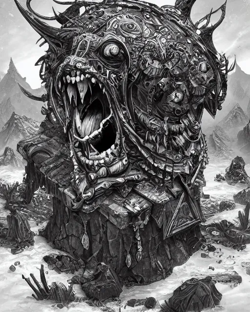 Image similar to a monster treasure chest, black and white, fantasy art, monster art, illustration, fantasy, intricate, hyper detailed, artstation, concept art, smooth, sharp focus, ray tracing