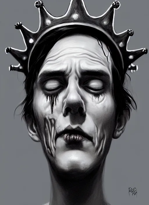 Prompt: portrait of zombie jughead jones wearing a light grey crown, photorealistic, zombie, crown, eyes closed, crown, black hair, intricate, elegant, glowing lights, highly detailed, digital painting, artstation, concept art, sharp focus, illustration, art by wlop, mars ravelo and greg rutkowski