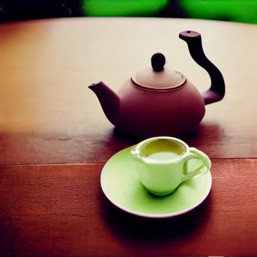 Prompt: impressonism nostalgic photograph of a teapot on a wooden table next to a cup of matcha tea, portra 800