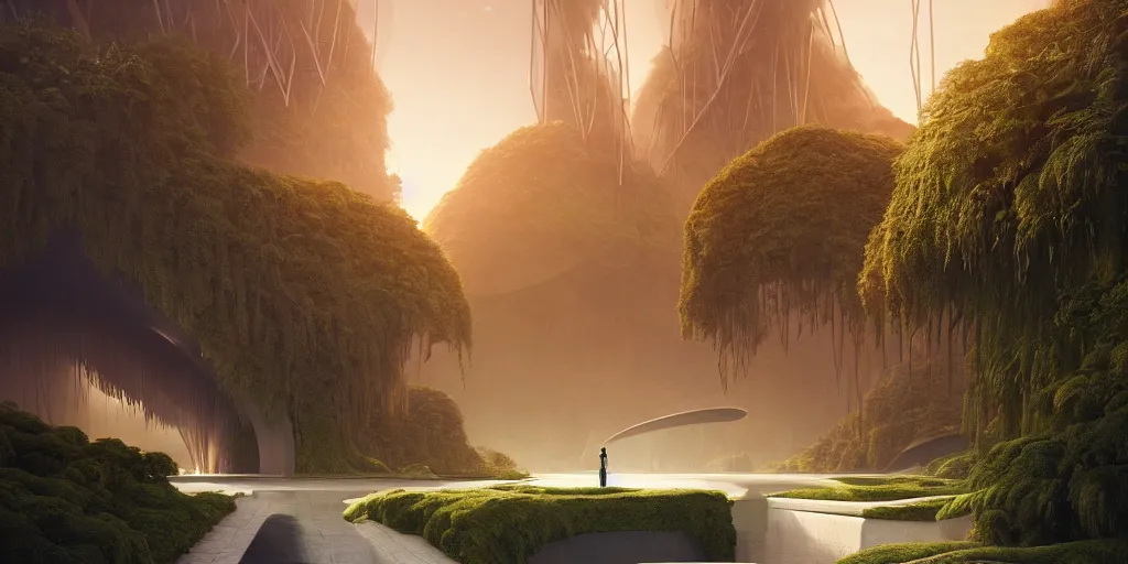 Image similar to garden of eden, by tim blandin and arthur haas and bruce pennington and john schoenherr, big windows architecture by zaha hadid, octane render, warm colour scheme, white, cinematic, scenery, cgsociety, modernism, futuristic, trending on artstation, sci - fi, high detail, high quality, close up angle, people walking