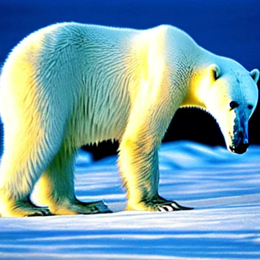 Prompt: a photo of a really skinny polar bear on a tiny pacific island, beautiful desert island, national geographic