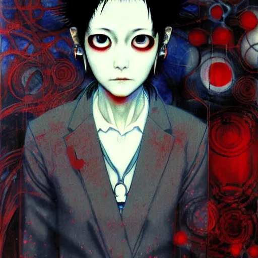 Image similar to yoshitaka amano blurred and dreamy realistic three quarter angle horror portrait of a sinister young woman with short black hair, big earrings and red eyes wearing office suit with tie, junji ito abstract patterns in the background, satoshi kon anime, noisy film grain effect, highly detailed, renaissance oil painting, weird portrait angle, blurred lost edges