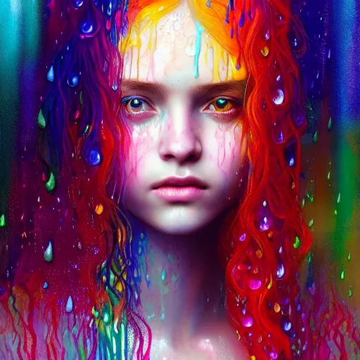 Image similar to portrait of a girl in the colorful rain with wet hair and face, fantasy, intricate, elegant, dramatic lighting, emotionally evoking symbolic metaphor, highly detailed, lifelike, photorealistic, digital painting, artstation, concept art, smooth, sharp focus, illustration, art by John Collier and Albert Aublet and Krenz Cushart and Artem Demura and Alphonse Mucha