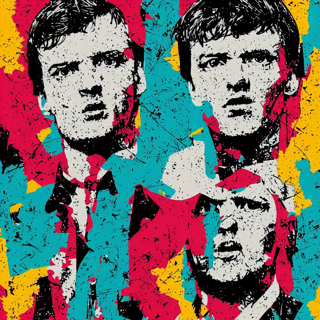 Prompt: individual ian curtis portrait retro futurist illustration art by butcher billy, sticker, colorful, illustration, highly detailed, simple, smooth and clean vector curves, no jagged lines, vector art, smooth andy warhol style