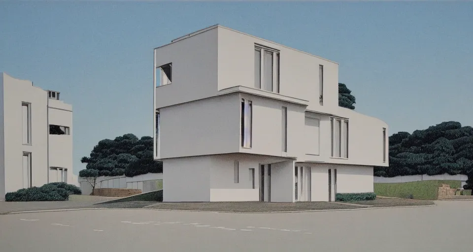 Image similar to bauhaus house, hiroshi nagai, matte painting, hiroshi nagai