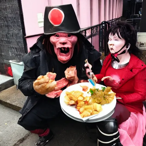 Image similar to bjork eating pork with a spork next to an orc in new york