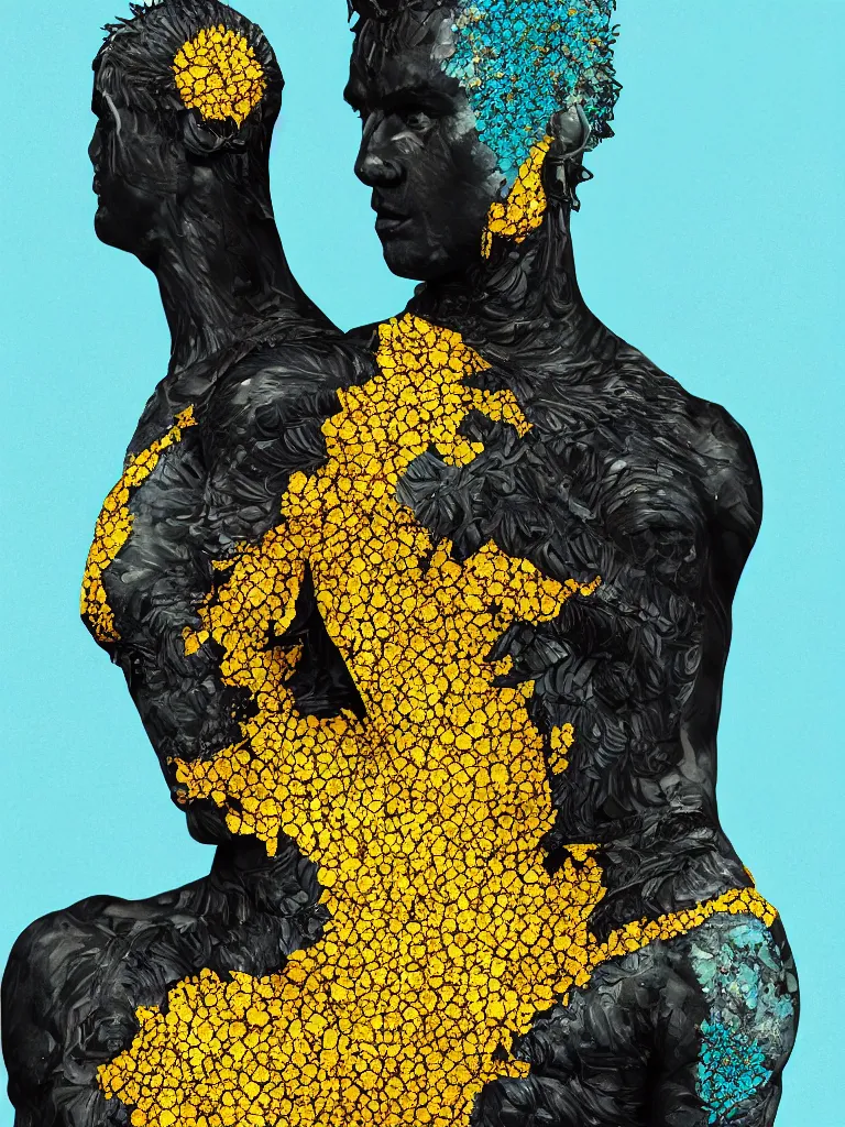 Image similar to symmetrical fractured dark obsidian greek statue of a beautiful tribal couple, yellow gemstones spikes, crystallic sunflowers, lightblue acrylic paintdrip tar, mangeta glow, repaired with kintsugi, glitch art, rendered in octane trending on cgsociety. extremely detailed and intricate art, corruption, sleek