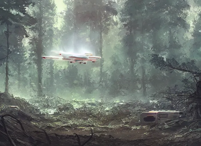 Image similar to a crash-landing sight of a spaceship in a forest on the ground, smoke in the air, debris on ground, smoke and small flame on ship. By Makoto Shinkai, Stanley Artgerm Lau, WLOP, Rossdraws, James Jean, Andrei Riabovitchev, Marc Simonetti, krenz cushart, Sakimichan, trending on ArtStation, digital art.