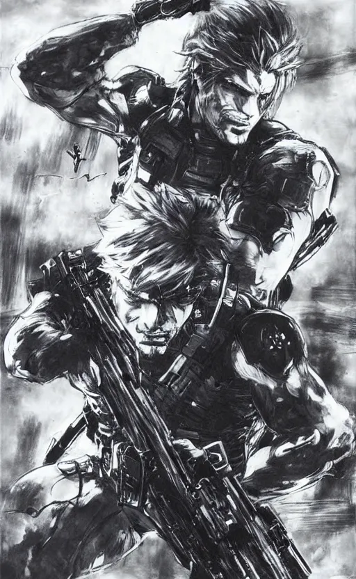 Prompt: solid snake by yoshitaka amano, final fantasy metal gear cover art, concept art