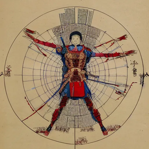 Image similar to a brilliantly colored Japanese scroll of an exploded diagram of a detailed engineering schematic of a cyborg samurai made by an AI in the pose vitruvian man in the style of jean giraud , post-processing , award winning, photo realistic, aged blood stains