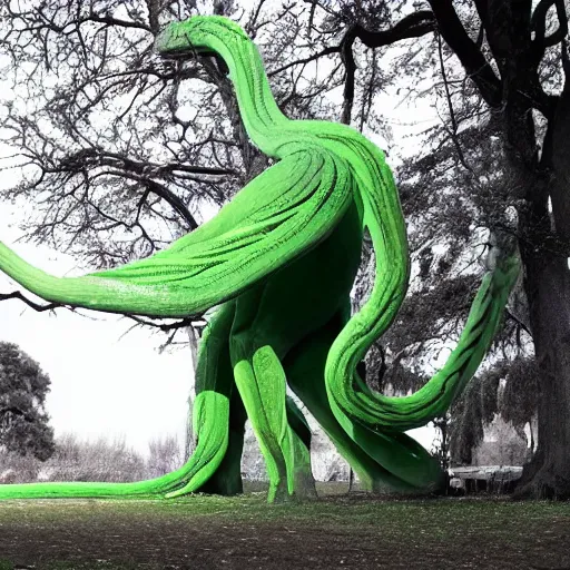 Image similar to A beautiful installation art of a large, looming creature with a long, snake-like body. The creature has many large, sharp teeth, and its eyes glow a eerie green. It is wrapped around a large tree, which is bent and broken under the creature's weight. There is a small figure in the foreground, clutching a sword, which is dwarfed by the size of the creature. warm, Wanda Gág by Naoto Hattori, by Claude Cahun intuitive