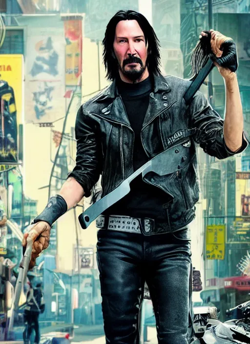 Prompt: keanu reeves as johnny silverhand!! holding a shovel, cyberpunk 2 0 7 7 wake up samurai, solarpunk, lots of plants, gardening, permaculture, anarchy, realistic, ultra detailed