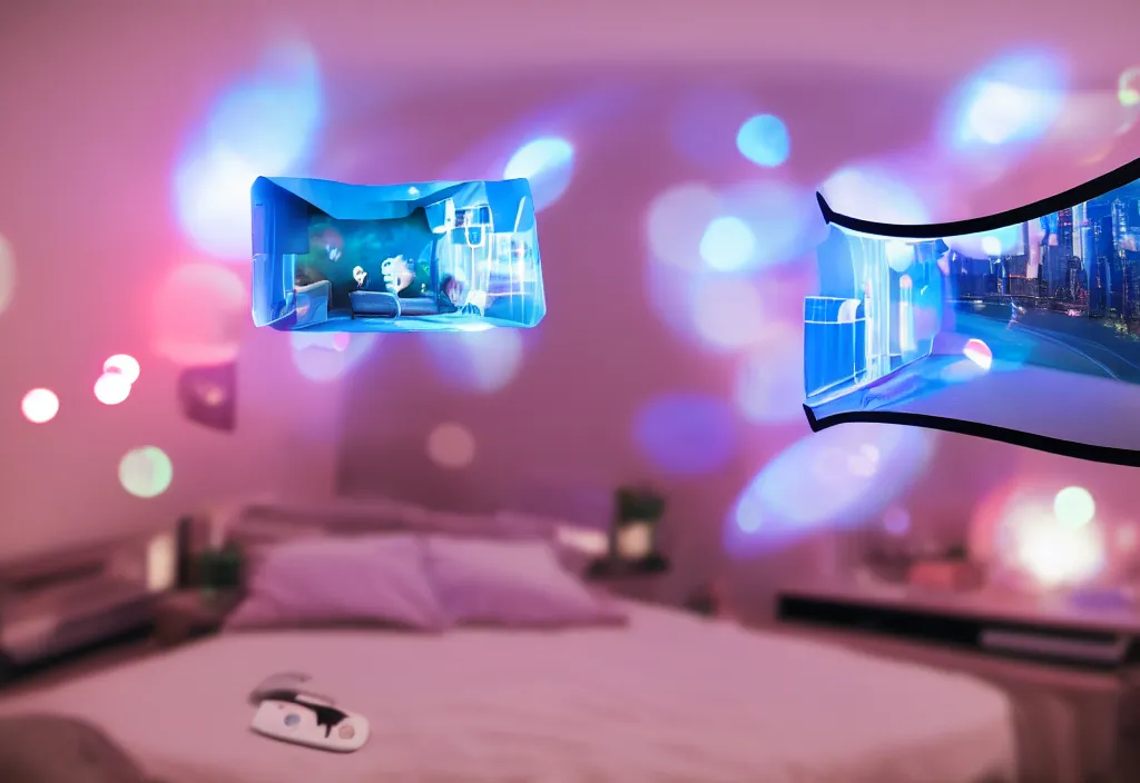 Image similar to 3 d dreams popping out of curved movie screen, volumetric lighting, bedroom, visor, sleeping, pair of keycards on table, bokeh, creterion collection, shot on 7 0 mm, instax