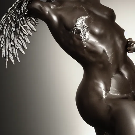 Image similar to hyper realistic of a stunning intricate cracked black marble falling african american woman angel body sculpture, highly detailed, white background, trending on artstation, hyperrealism, matte painting, subsurface scattering