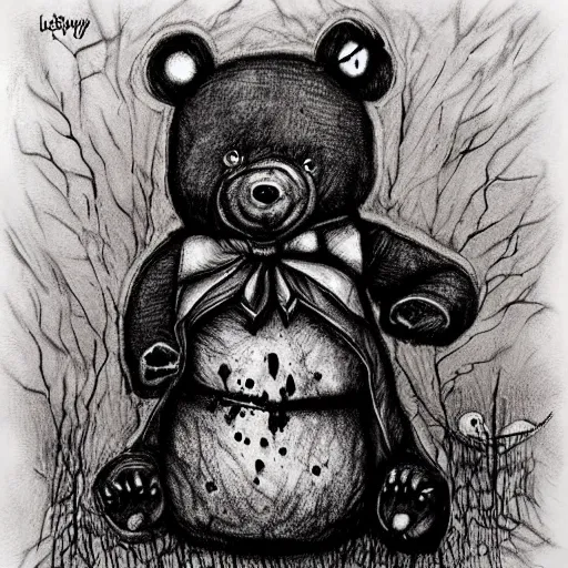 Image similar to dark art grunge drawing of a teddy bear with bloody eyes by - loony toons style, horror theme, detailed, elegant, intricate