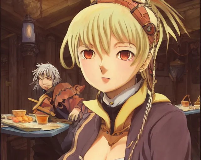 Image similar to anime visual, portrait of a young female in a busy fantasy medieval tavern interior at night, face by yoh yoshinari, murata range, last exile, blue submarine no 6, dynamic pose, dynamic perspective, detailed silhouette, rich texture, seven deadly sins anime, flat, anime cels, matte color, flat lighting on face, rounded eyes