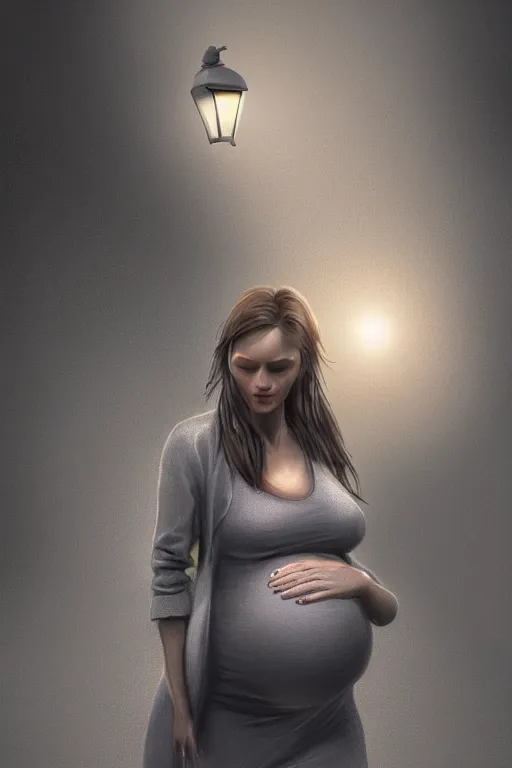 Image similar to pregnant woman under street light, highly detailed, sharp focused, ultra realistic digital concept art by Greg Olson