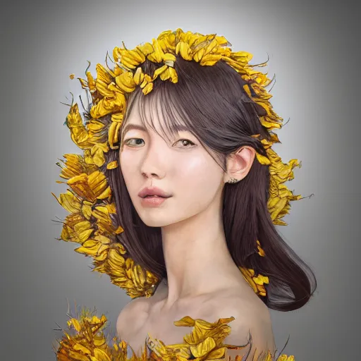 Image similar to the portrait of the most beautiful, graceful, and elegant young woman made of bananas and petals, an ultrafine detailed illustration by kim jung gi, rossdraws, irakli nadar, intricate linework, bright colors, final fantasy, behance contest winner, angular, unreal engine 5 highly rendered, global illumination, radiant light, detailed and intricate environment