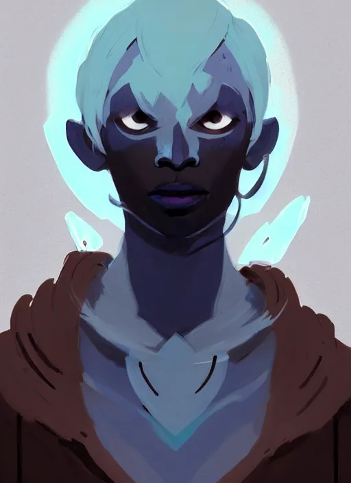 Image similar to ( ( ( ( ( portrait of male drow from dungeons and dragons. ) ) ) ) ) by atey ghailan, by greg rutkowski, by greg tocchini, by james gilleard, by joe fenton, by kaethe butcher, dynamic lighting, gradient light blue, brown, blonde cream and white color scheme, grunge aesthetic