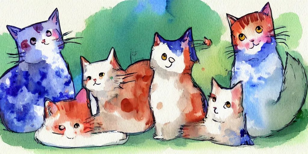 Image similar to watercolor illustration style, cute! cats!! training!