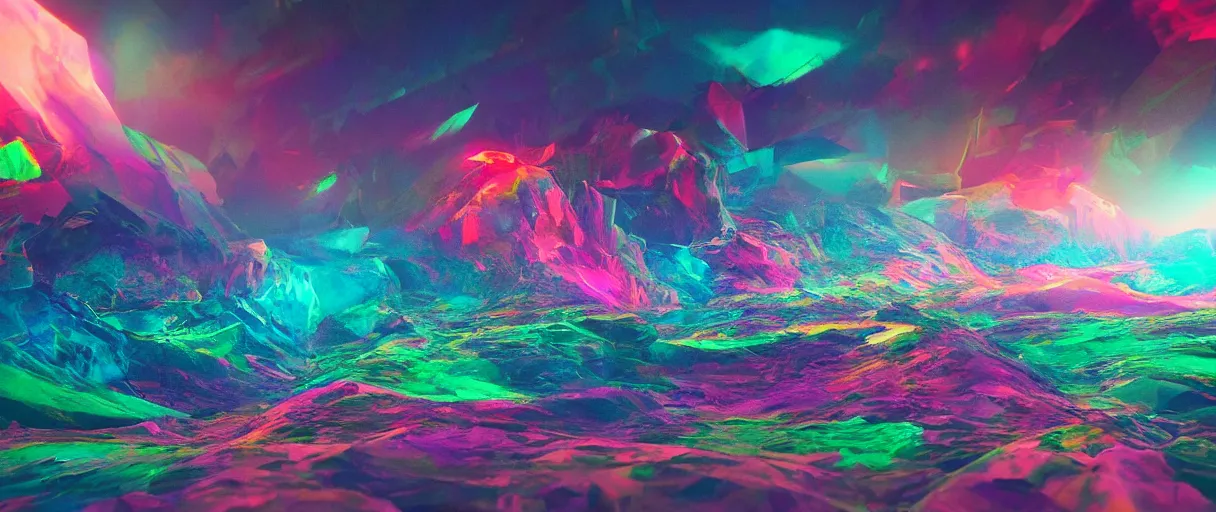 Prompt: dream landscape, simulation, glitch art, volumetric object, physical particles, translucence, cinematic lighting, iridescence, by ash thorpe