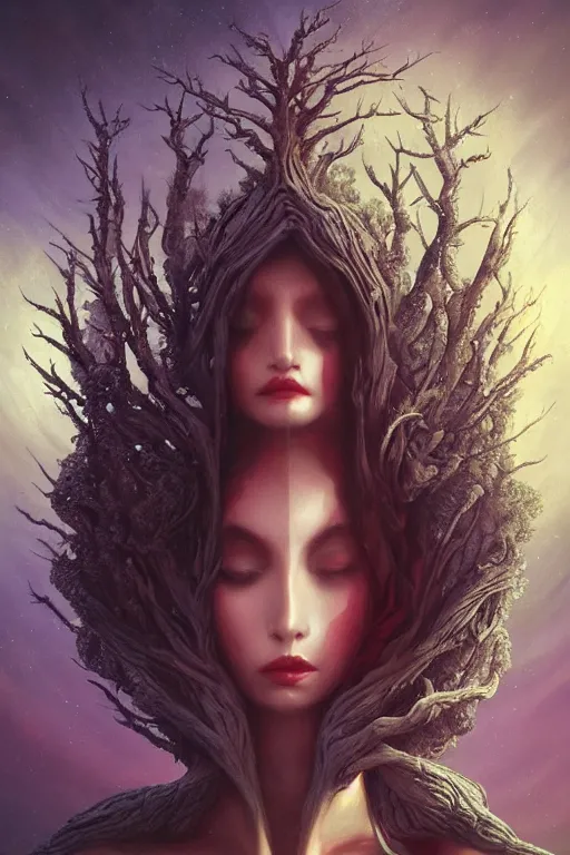 Image similar to portrait of an elegant alien tree woman queen, straight on portrait, by artgerm, tom bagshaw, gerald brom, vaporwave colors, lo - fi colors, vaporwave, lo - fi, moody vibe, goth vibe, 4 k, hd,