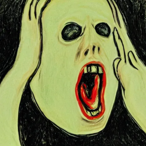 Image similar to portrait of a pale and thin, sickly - looking person of mixed ethnicity uttering a silent scream in the style of edvard munch's the scream.