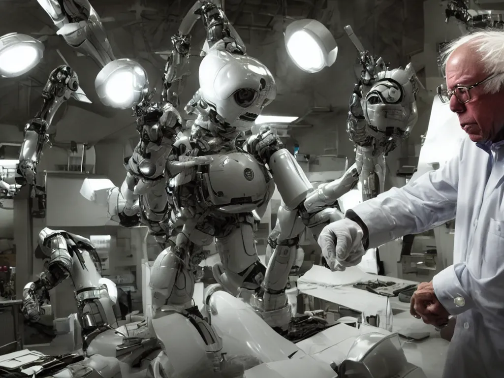 Prompt: bernie sanders putting the finishing touches on a scifi doomsday robot, cinematic moody lighting, led lighting, sharp focus, dirty smoky laboratory, imax