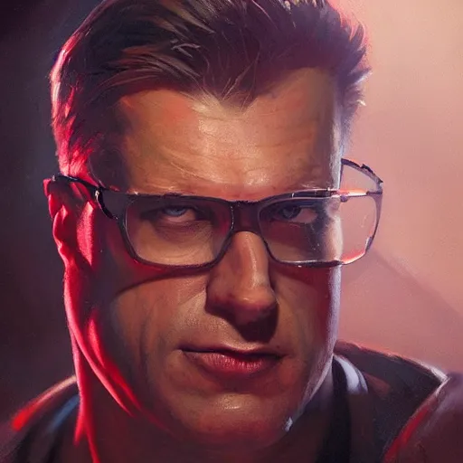 Image similar to a closeup portrait of duke nukem, dramatic lighting, chiaroscuro, high detail, painted by greg rutkowski, painted by igor kieryluk, painted by bobby chiu, trending on artstation