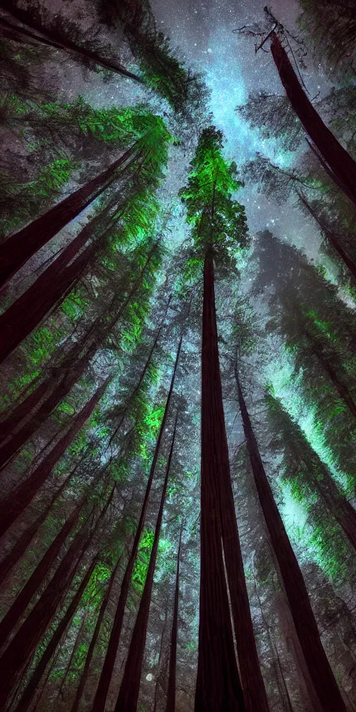 Image similar to numerous redwood trees faintly glowing in dark night jungle, wide angle shot, fantasy digital art, highly detailed