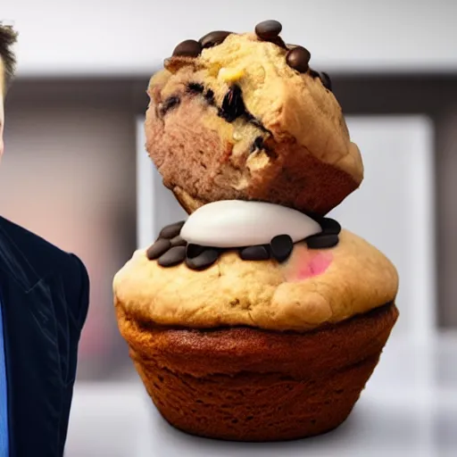 Image similar to photo of elon musk in a muffin costume, highly detailed, extremely high quality, hd, 4 k, 8 k, professional photographer, 4 0 mp, lifelike, top - rated, award winning, cinematic, realistic, detailed lighting, detailed shadows, sharp, no blur, edited, corrected, trending