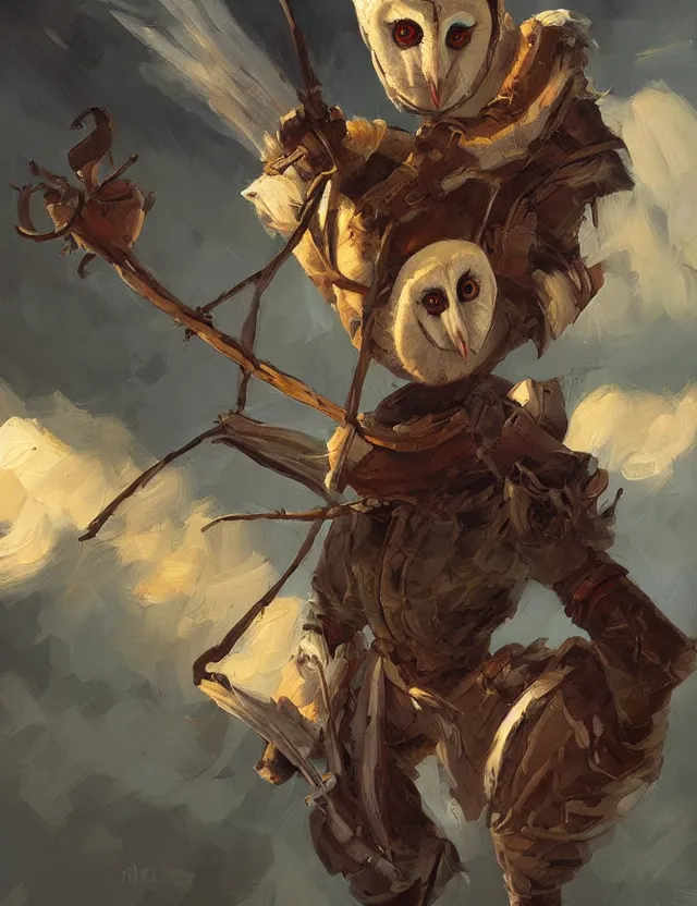 Image similar to barn owl - inspired rogue. this heavily stylized oil painting by the award - winning comic artist has interesting color contrasts, plenty of details and impeccable lighting.