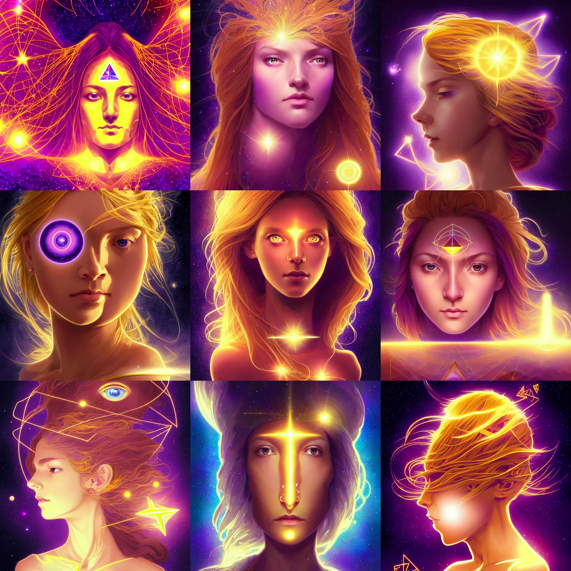 Prompt: centered head and shoulders portrait of glowing golden haired girl with open purple third eye chakra, geometric third eye triangle, sci - fi face, cosmic geometric background, breathtaking stars, elegant, highly detailed, digital painting, artstation, concept art, smooth, sharp focus, illustration, anime asthetic, art by artgerm and greg rutkowski and alphonse mucha, acid pixie