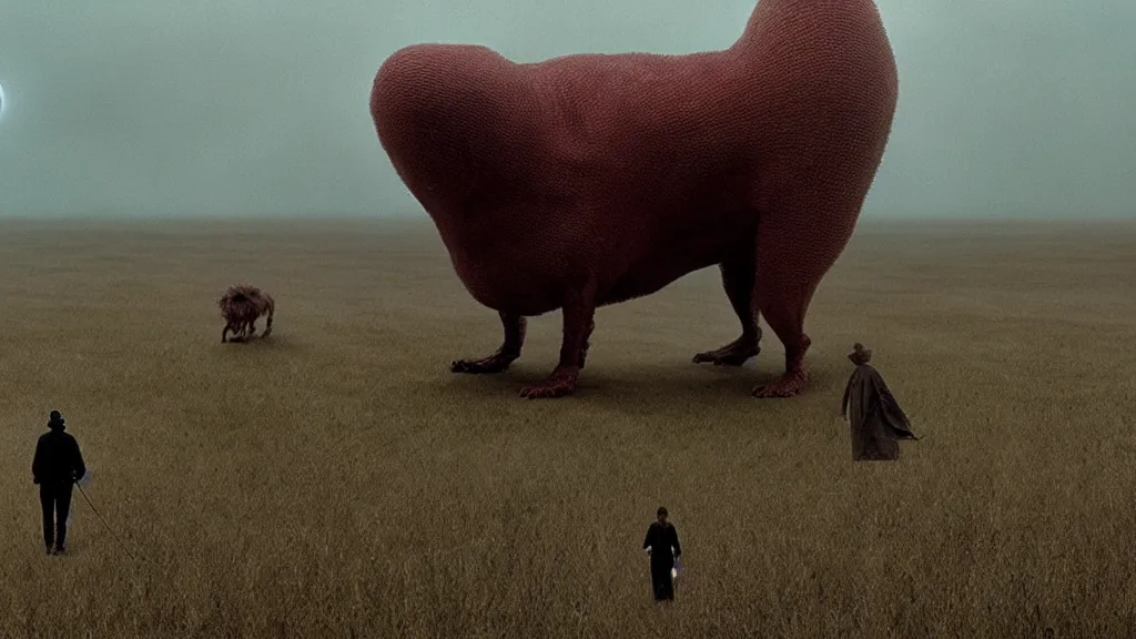 Image similar to the strange creature helps us walk the dog, film still from the movie directed by denis villeneuve and david cronenberg with art direction by salvador dali and zdzisław beksinski