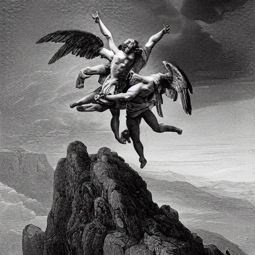 Prompt: A biblical painting of Jacob suplexing an angel at the top of a mountain by Gustave Doré, black and white palette, Scenic, Dramatic, beautiful shore in background, detailed